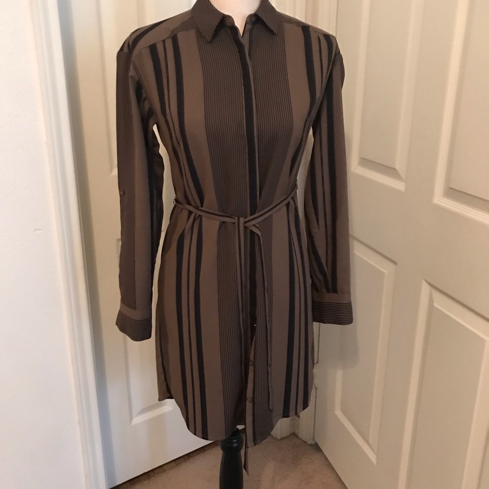 Army green and black stripe dress with tie belt